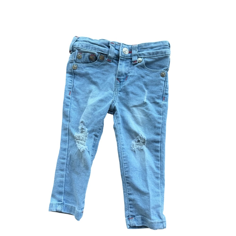 True Religion Casey Distressed Light Wash‎ Jeans Pink Horseshoe 18M Baby Girl